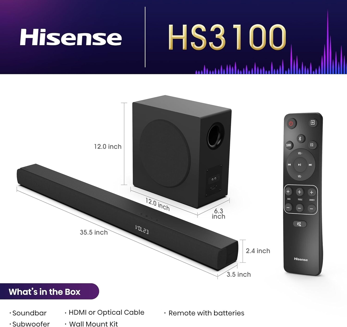 Hisense 3.1 Channel 480W Soundbar w/ Wireless 6.5" Subwoofer HS3100 - Black
