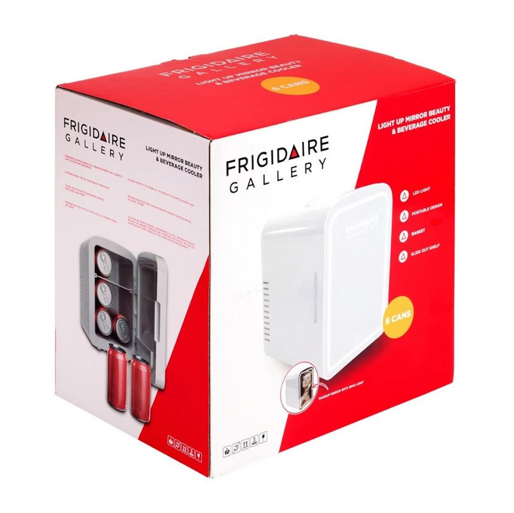 Frigidaire 6-Cans/4L Mini Fridge with Gallery Light Up Mirror EFMIS210-WHITE.DG, Includes 110V home power cord & 12V DC car adapter