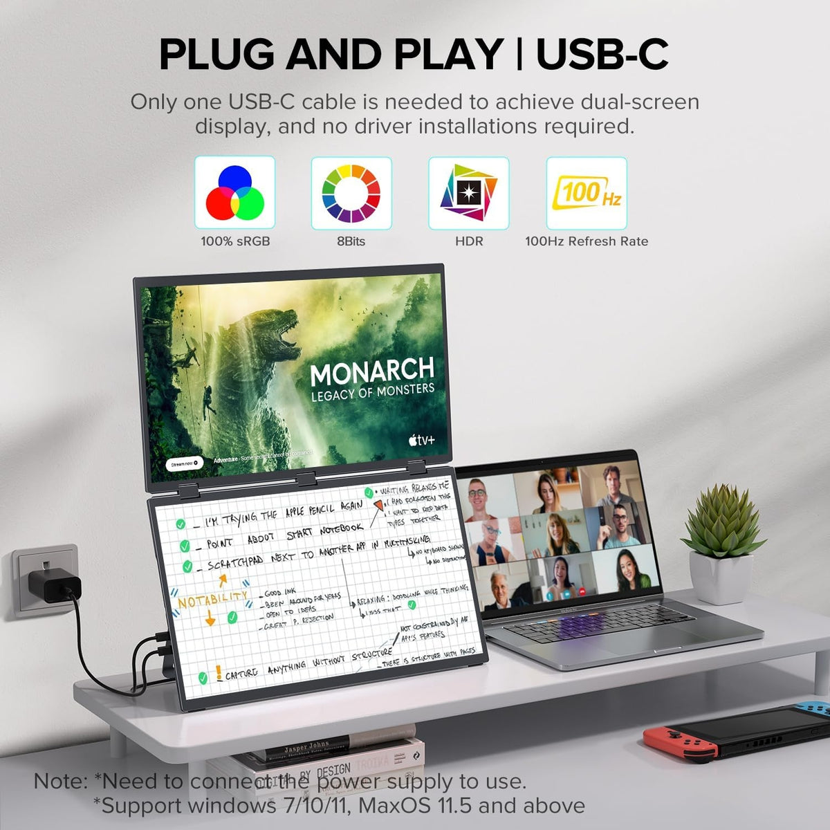 UPERFECT Dual Monitor 18.5" 1080p 100Hz 3ms Stacked Triple Monitor Folding Travel Monitor w/VESA M185F11