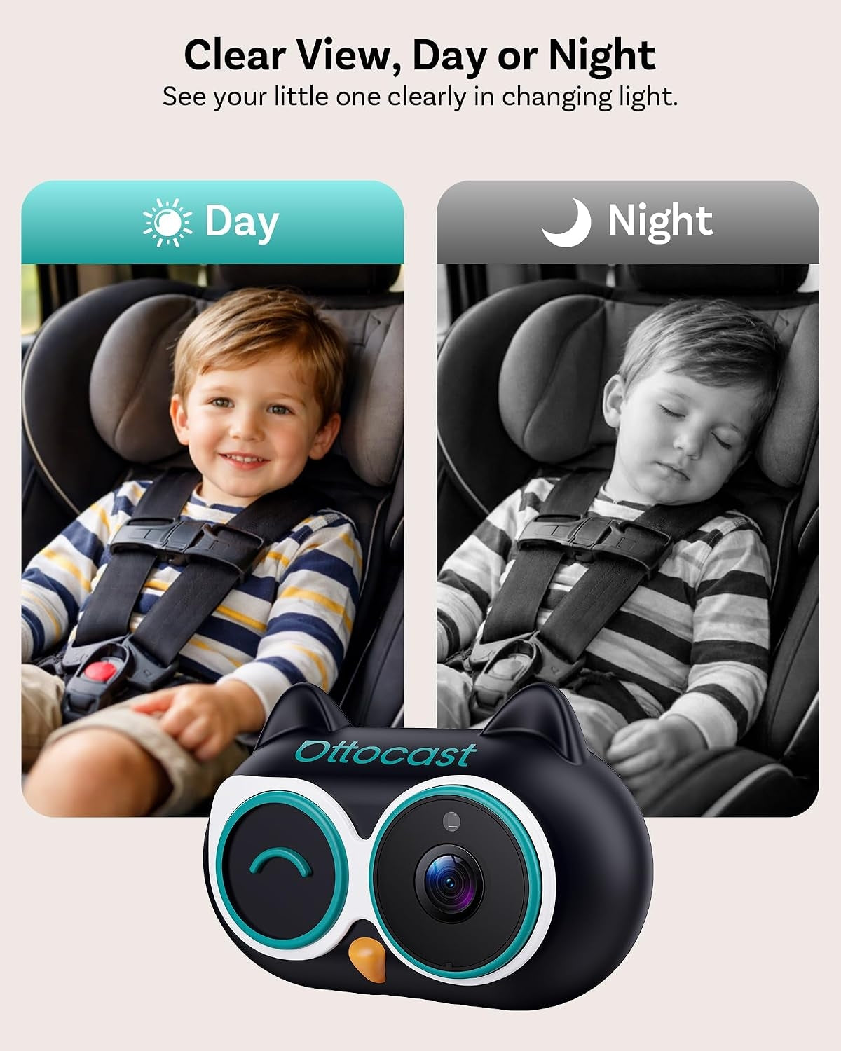 OTTOCAST CA520 Baby Car Camera 1080P HD Rear Seat Monitor, 150° Wide-Angle No-Glow Night Vision, Adjustable Camera