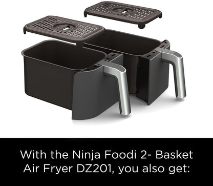 Ninja DZ201 Foodi 8 Quart 6-in-1 DualZone 2-Basket Air Fryer w/ 2 Independent Frying Baskets, Match Cook & Smart Finish to Roast, Broil, Dehydrate & More for Quick, Easy Meals, Grey