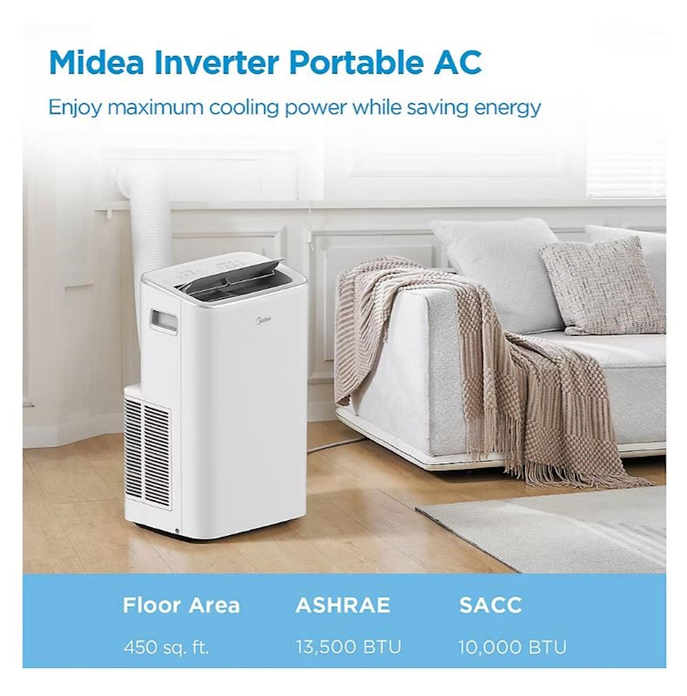 Midea Smart Inverter 10,000 BTU DOE Portable Air Conditioner White, 450 sq ft, compatible app for voice assistant (such as Alexa or Google Home)  MAP10V1JWT-B