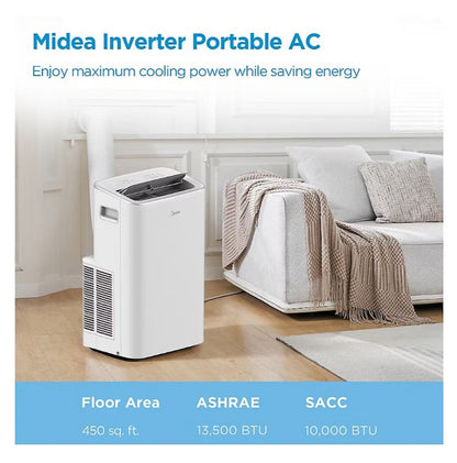 Midea Smart Inverter 10,000 BTU DOE Portable Air Conditioner White, 450 sq ft, compatible app for voice assistant (such as Alexa or Google Home)  MAP10V1JWT-B