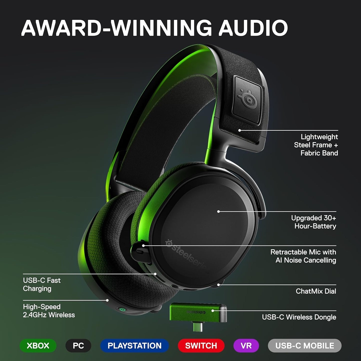 SteelSeries Arctis 7X+ Next Generation Wireless Gaming Headset on Xbox Series X|S with 30-Hour Battery, USB-C Charging 61472