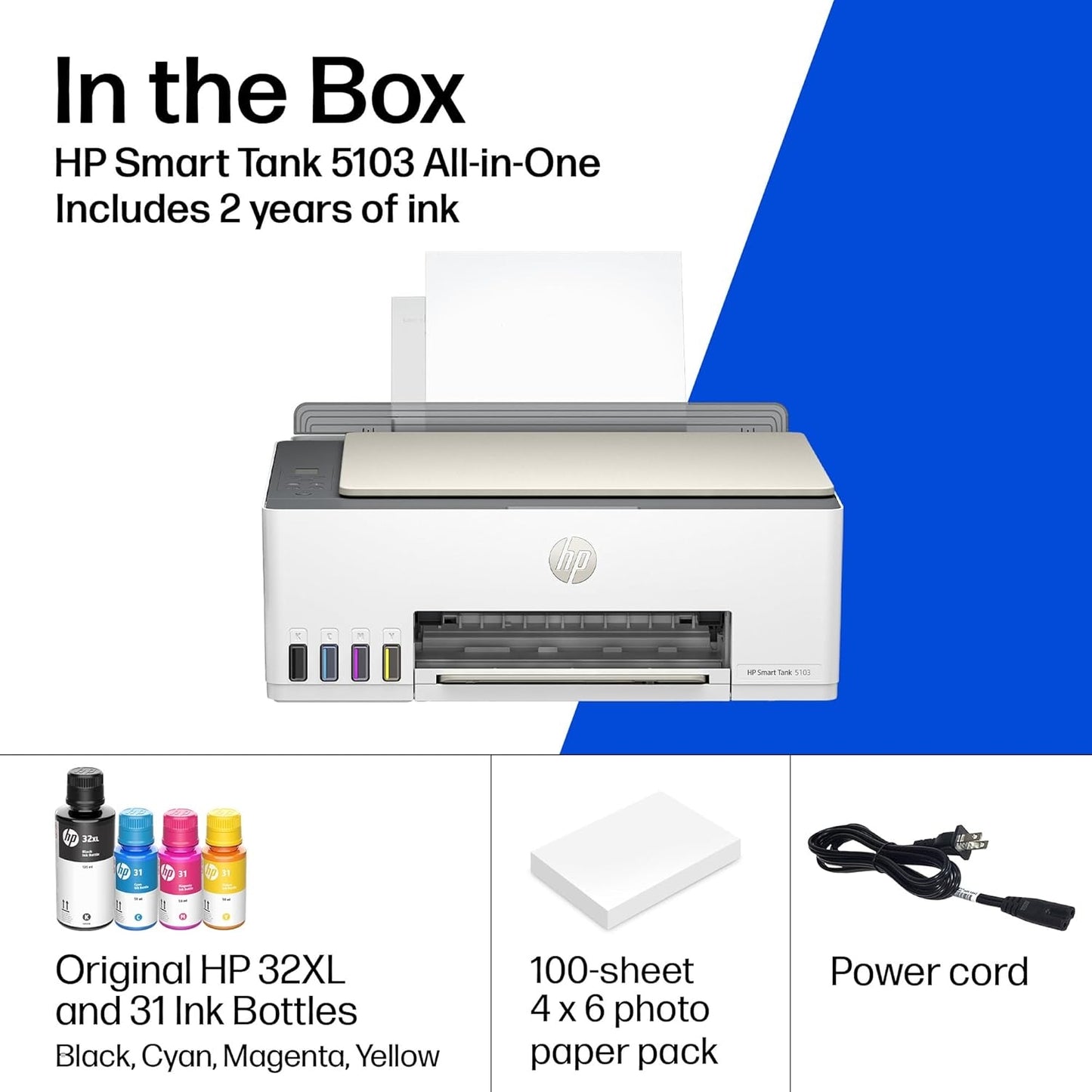 HP - Smart Tank 5103 Wireless AI-Enabled AiO Supertank Inkjet Printer w/ 100 Sheets of Photo Paper - White