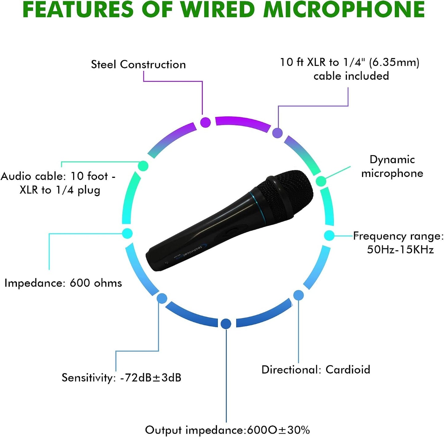 Technical Pro MK75 Dynamic Wired Microphone with 10 ft XLR to ¼ Inch Cable