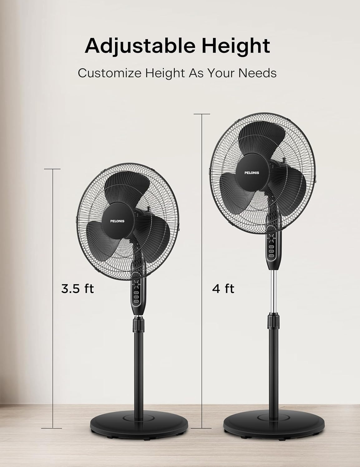 Pelonis 16 Pedestal Remote Control Oscillating Stand Up Fan 7-Hour Timer 3-Speed and Adjustable Height Black PFS40A4BBB
