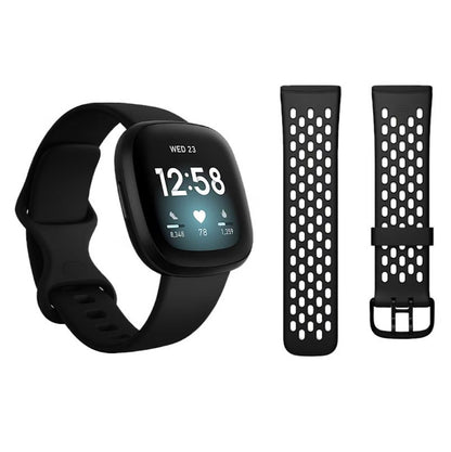 Fitbit Versa 3 Smartwatch Bundle with Small and Large Bands and Bonus Large Accessory Band Black FB511BKBKL-BNDL