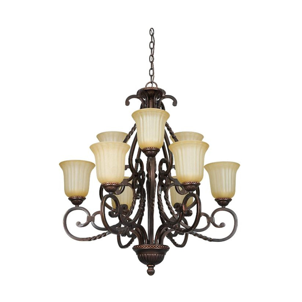 Sunset Lighting 9-Light 2-TIER Chandelier w/ Sandlewood Glass, Mahogany Finish 60W F5289-61