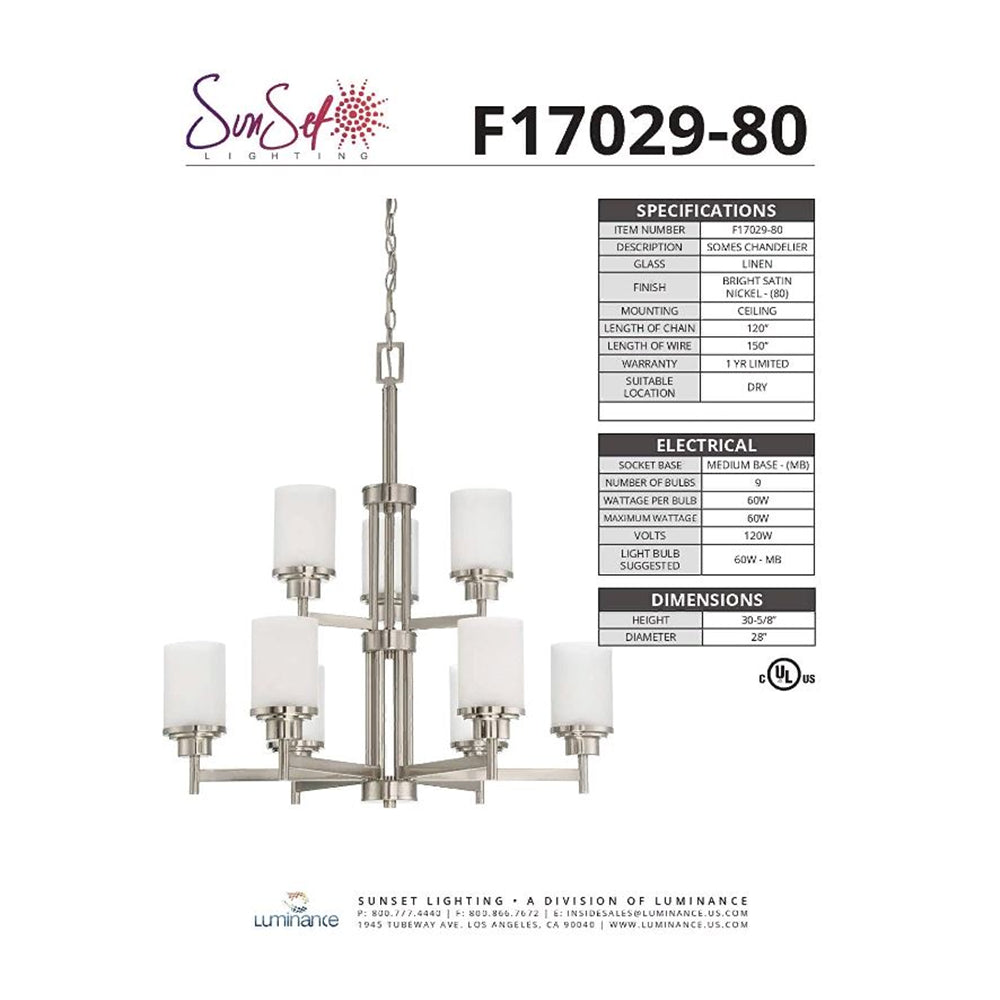 Sunset Lighting Somes 9-Light 2-Tier Chandelier Linen Glass, Dimmable w/ Bright Satin Nickel F17029-80