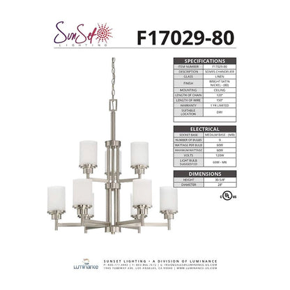 Sunset Lighting Somes 9-Light 2-Tier Chandelier Linen Glass, Dimmable w/ Bright Satin Nickel F17029-80