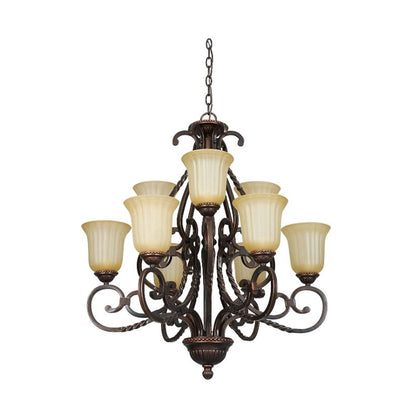 Sunset Lighting 9-Light 2-TIER Chandelier w/ Sandlewood Glass, Mahogany Finish 60W F5289-61