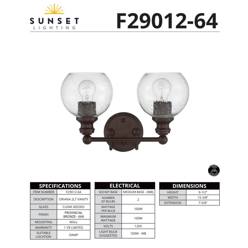 Sunset Lighting Oriana 2-Light Mb Vanity Clear Seeded Glass Provincial Bronze F29012-64