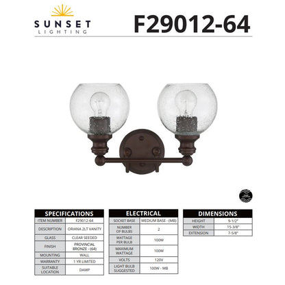 Sunset Lighting Oriana 2-Light Mb Vanity Clear Seeded Glass Provincial Bronze F29012-64