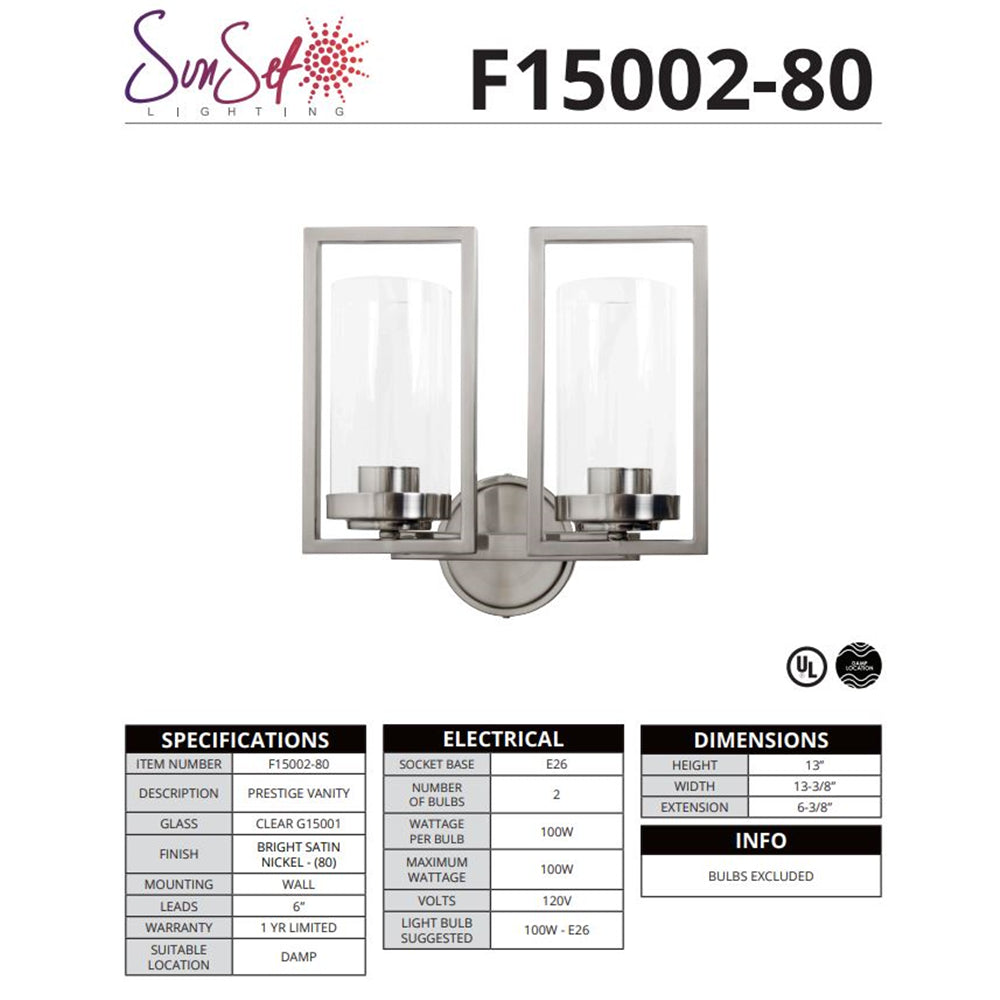Sunset Lighting Wall Sconce, 2-Light Bright Satin Nickel - F15002-80