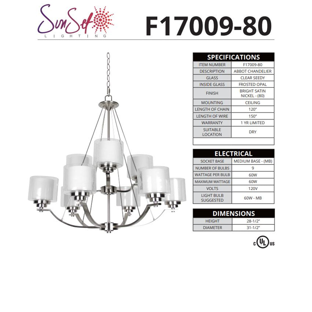 Sunset Lighting Abbot 9-Light Two Tier Chandelier - Frosted Opal Glass Bright Satin Nickel Finish F17009-80