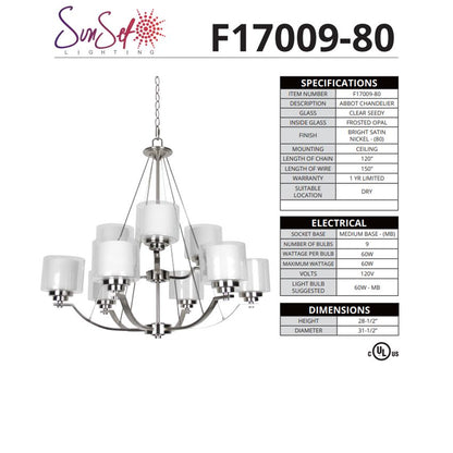 Sunset Lighting Abbot 9-Light Two Tier Chandelier - Frosted Opal Glass Bright Satin Nickel Finish F17009-80