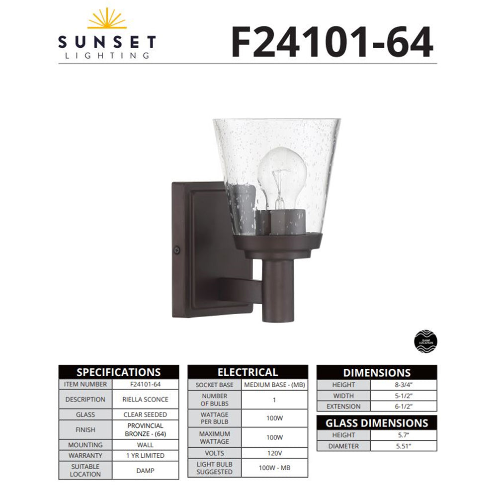 Sunset Lighting Riella 1-Light MB Vanity Clear Seeded Glass Provincial Bronze F24101-64