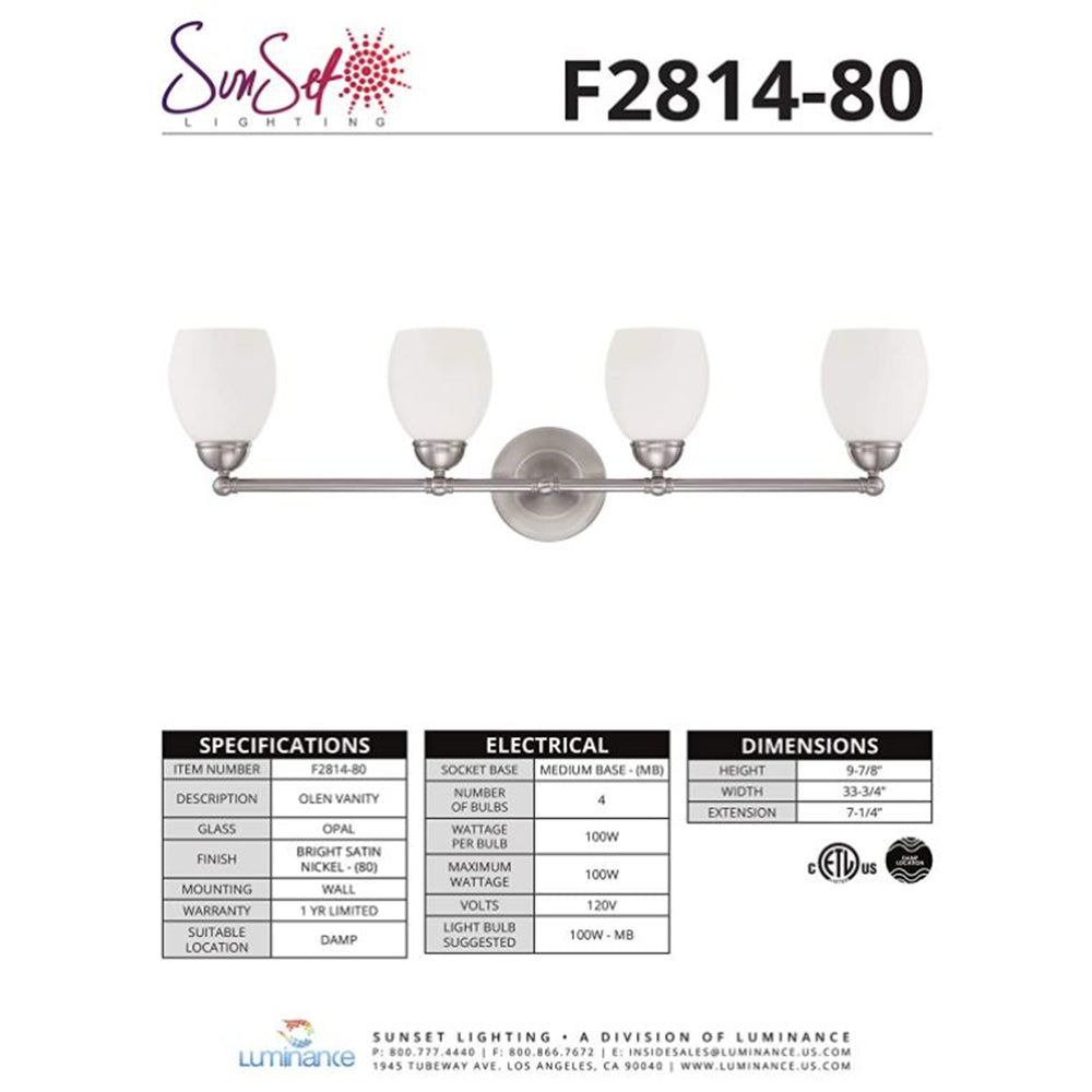 Sunset Lighting 4-Light Olen Vanity Opal Glass w/ Bright Satin Nickel Finish