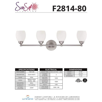 Sunset Lighting 4-Light Olen Vanity Opal Glass w/ Bright Satin Nickel Finish