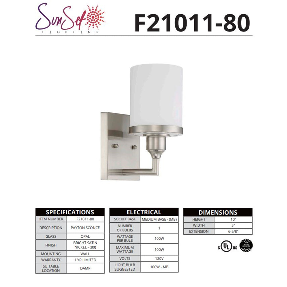 Sunset Lighting Payton 1-Light 100W Transitional Wall Sconce Bright Satin Nickel F21011-80