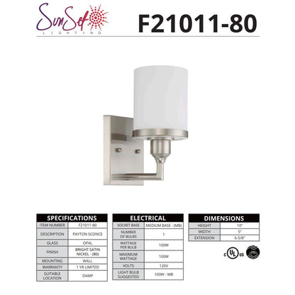 Sunset Lighting Payton 1-Light 100W Transitional Wall Sconce Bright Satin Nickel F21011-80