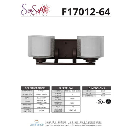 Sunset Lighting Abbot 2-Light 100W Bath Vanity Provincial Bronze - F17012-64