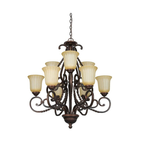 Sunset Lighting 9-Light 2-TIER Chandelier w/ Sandlewood Glass, Mahogany Finish 60W F5289-61