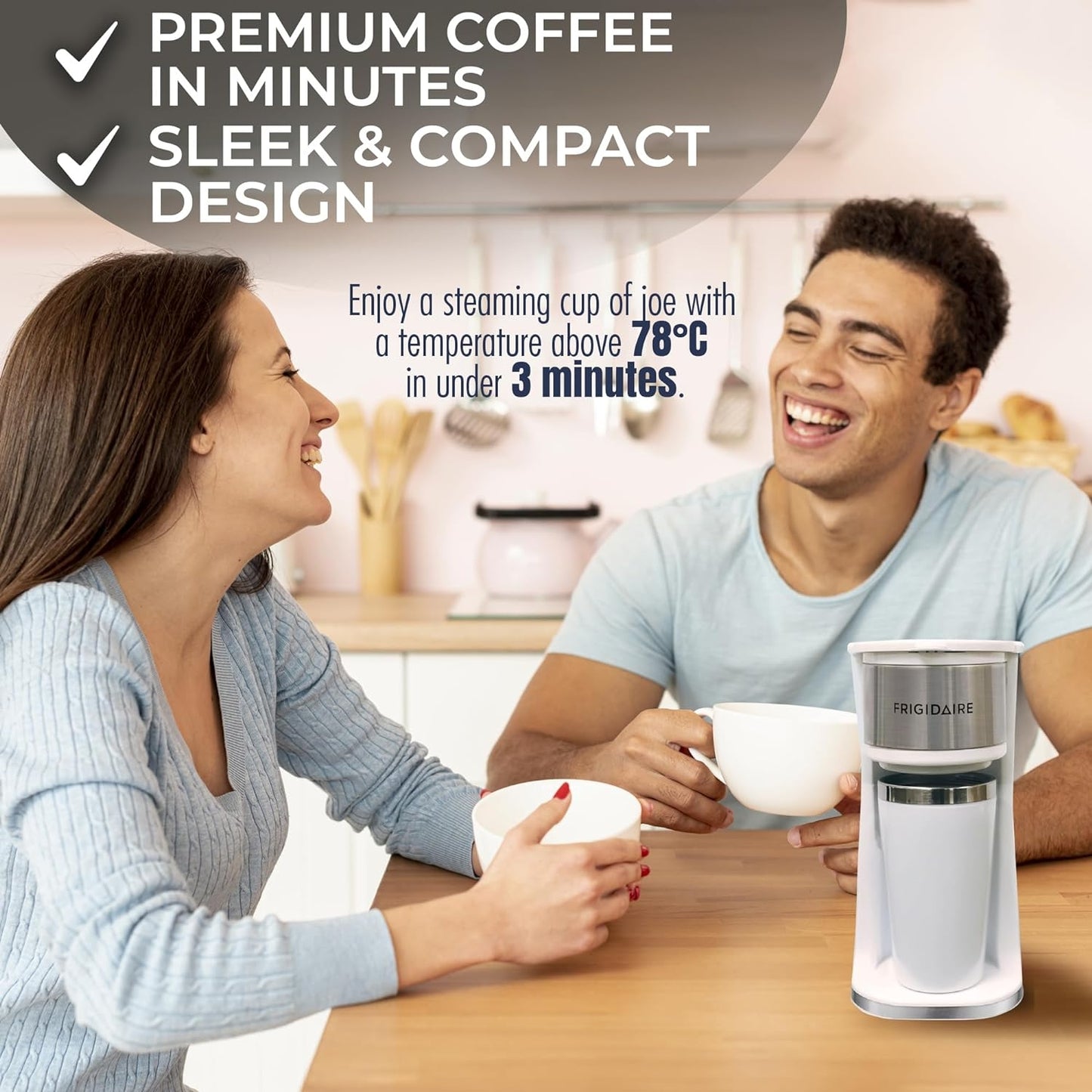 Frigidaire Stainless Steel Coffee Maker Single Cup With Insulted Travel Mug ECMK095 with 420ml Capacity White