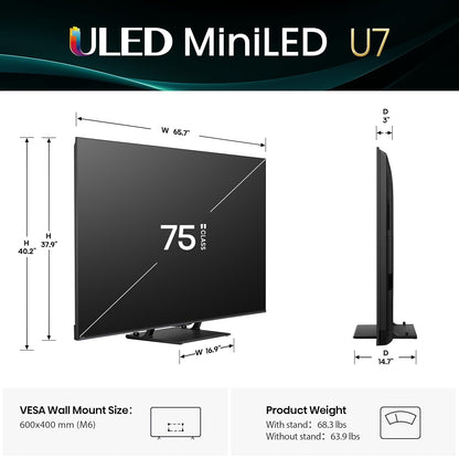 Hisense 75" Class U7 Series Mini-LED ULED 4K in Black - Smart Google TV 75U75QG