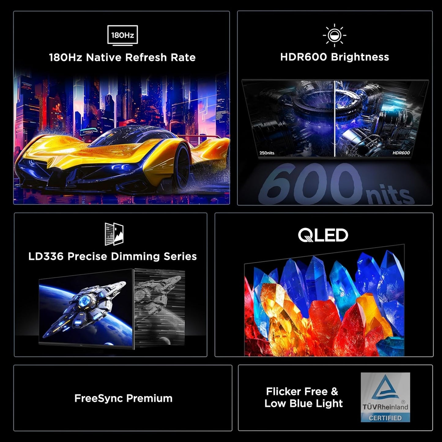 TCL 32" G64 Series QHD HDR QD-Mini LED, 2560x1440, 180Hz, 1ms GTG, AMD FreeSync, Built-In Stereo Speakers, Adjustable Stand, Gaming Monitor Black and Gray 32G64