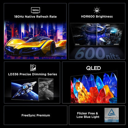 TCL 32" G64 Series QHD HDR QD-Mini LED, 2560x1440, 180Hz, 1ms GTG, AMD FreeSync, Built-In Stereo Speakers, Adjustable Stand, Gaming Monitor Black and Gray 32G64