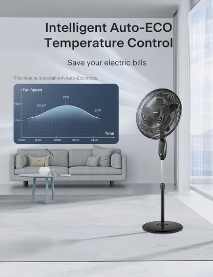 Pelonis PFS45A5BBB 18 inch 5-Blade Oscillating Fan, Adjustable Standing Pedestal Remote, LED Display, 5 Speed Setting and 7-Hour Timer Fan, Black