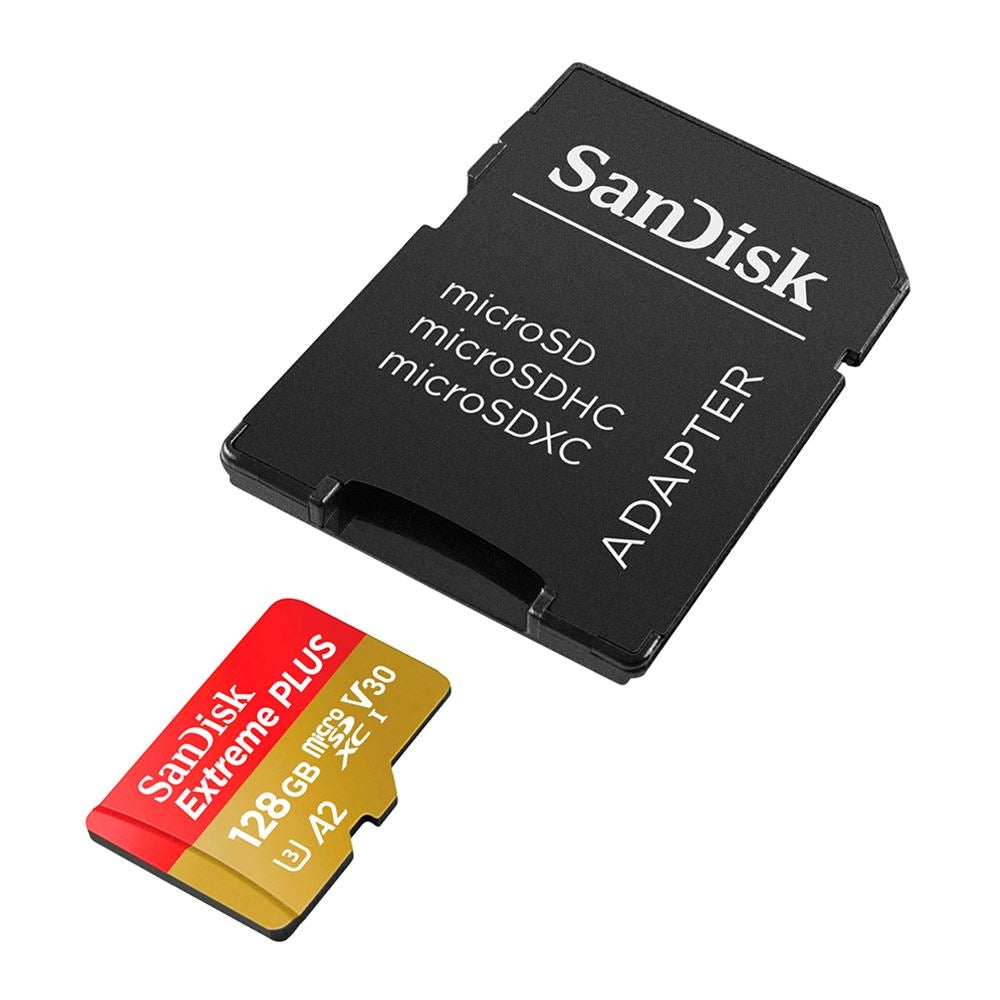 Sandisk 128GB Extreme PLUS microSDXC Class 10 A2 UHS-3 V30 Flash Memory Card with Adapter SDSQXBD-128G