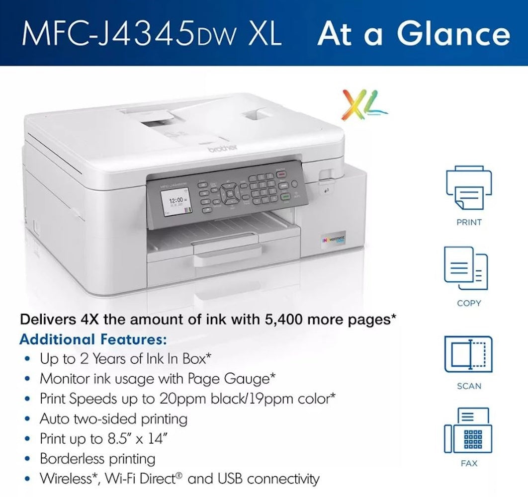 Brother MFCJ4345DWXL INKvestment Tank All-in-One Color Inkjet Printer