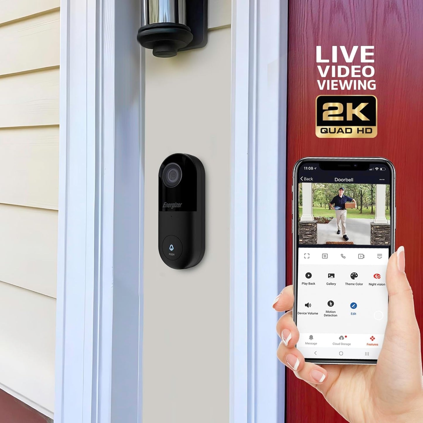 Energizer Connect Smart 2K 5GHz Wired Video Doorbell 2-Way Audio, Night Vision, Instant Motion Sensor, Live Viewing EOD1-1002-2KB