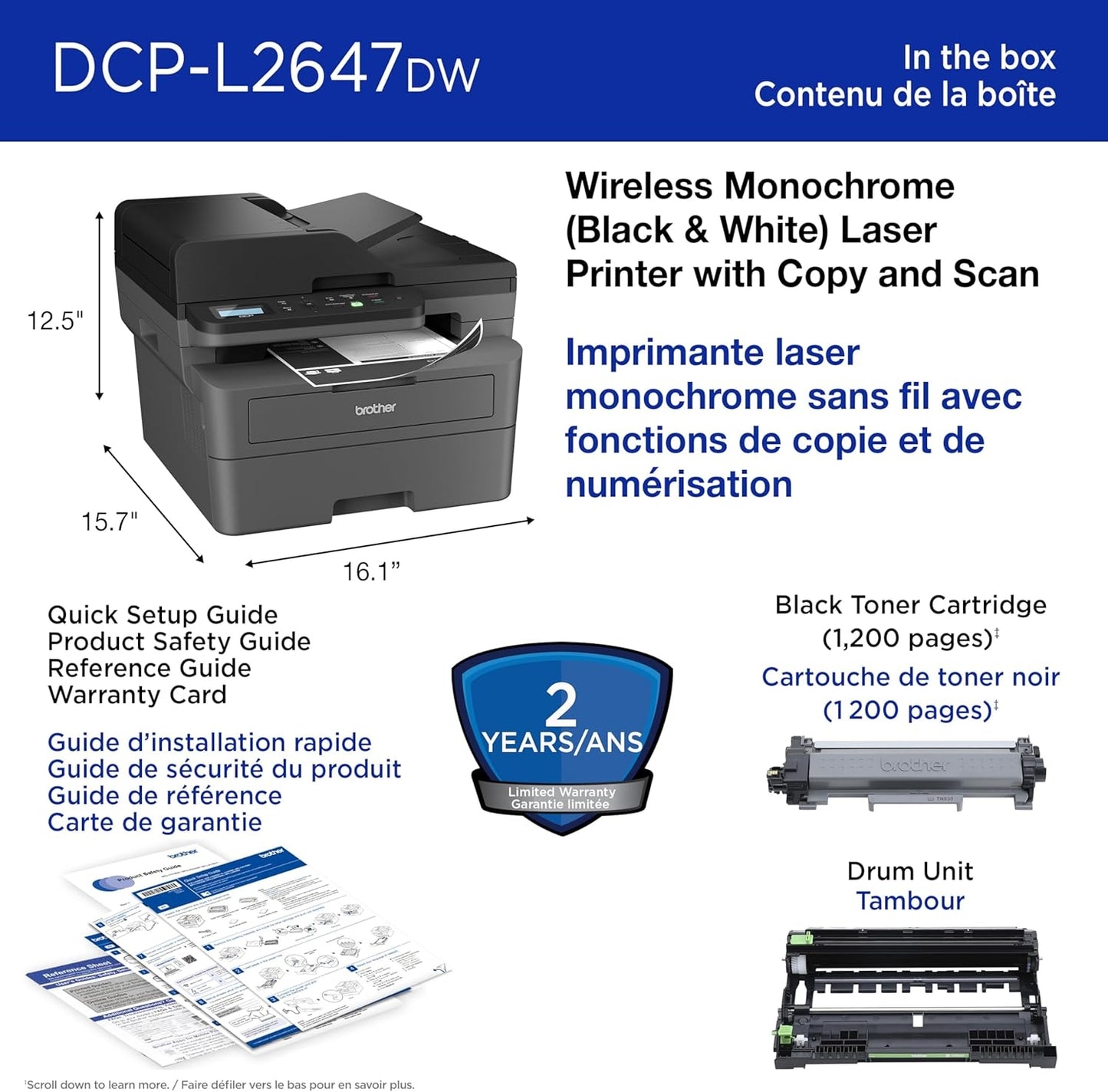 Brother DCP-L2647DW Wireless Compact Monochrome Multi-Function Laser Printer