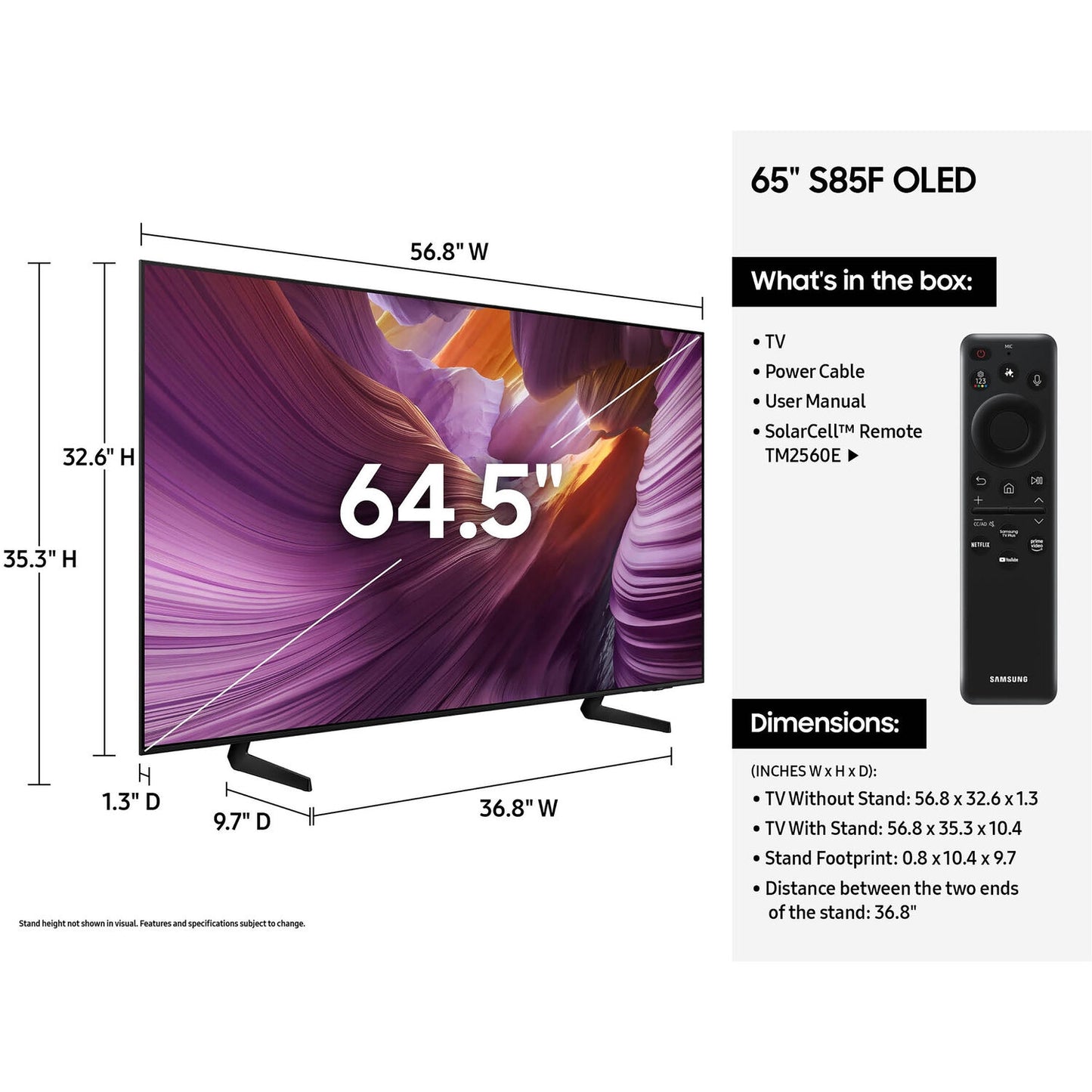 Samsung S85F 65" 4K HDR Smart OLED TV, NQ4 AI Gen2 Processor, Ports: 4 x HDMI 2.1 - QN65S85FAFXZA