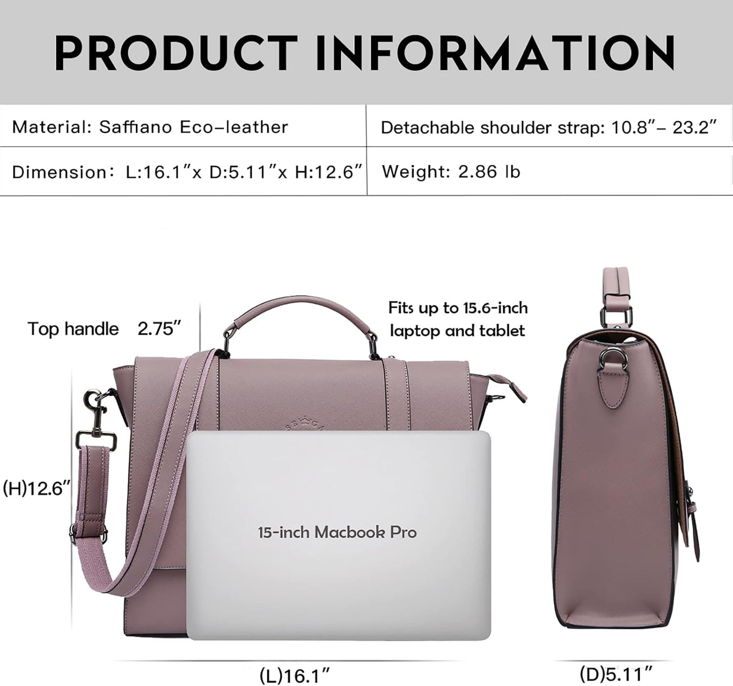 Women's 15.6 Inch Laptop Briefcase, Vintage Purple Saffiano Eco-Leather, 4 Large Compartments