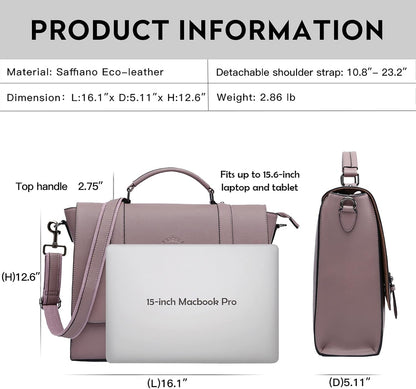 Women's 15.6 Inch Laptop Briefcase, Vintage Purple Saffiano Eco-Leather, 4 Large Compartments