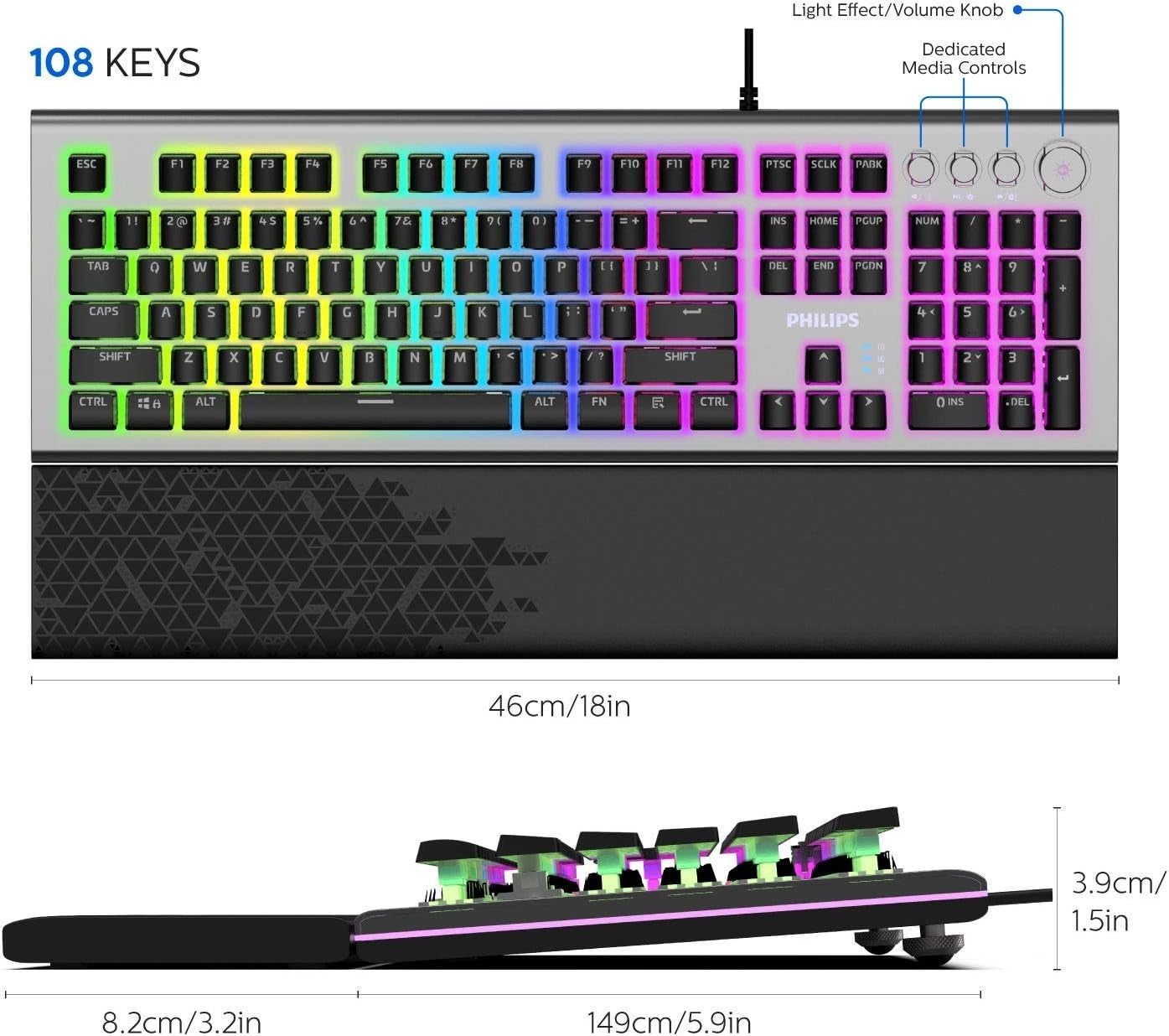 PHILIPS Wired Gaming Keyboard with Palm Rest LED RGB Mechanical Keyboard SPK8624