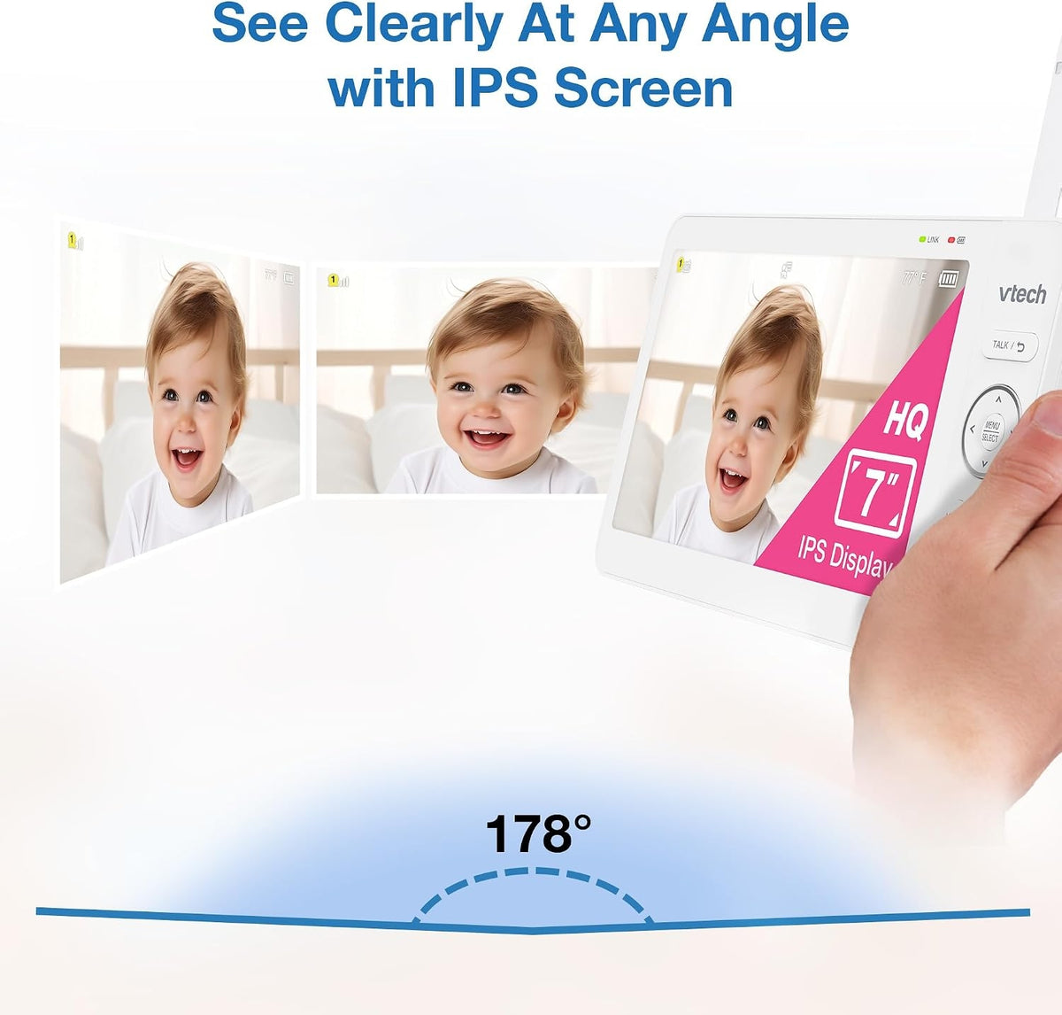 VTech Baby Monitor No Wi-Fi, 2 Cameras, 7" IPS Split Screen, 5000mAh 12Hr Battery, 360° PTZ, 4X Zoom, Night Vision