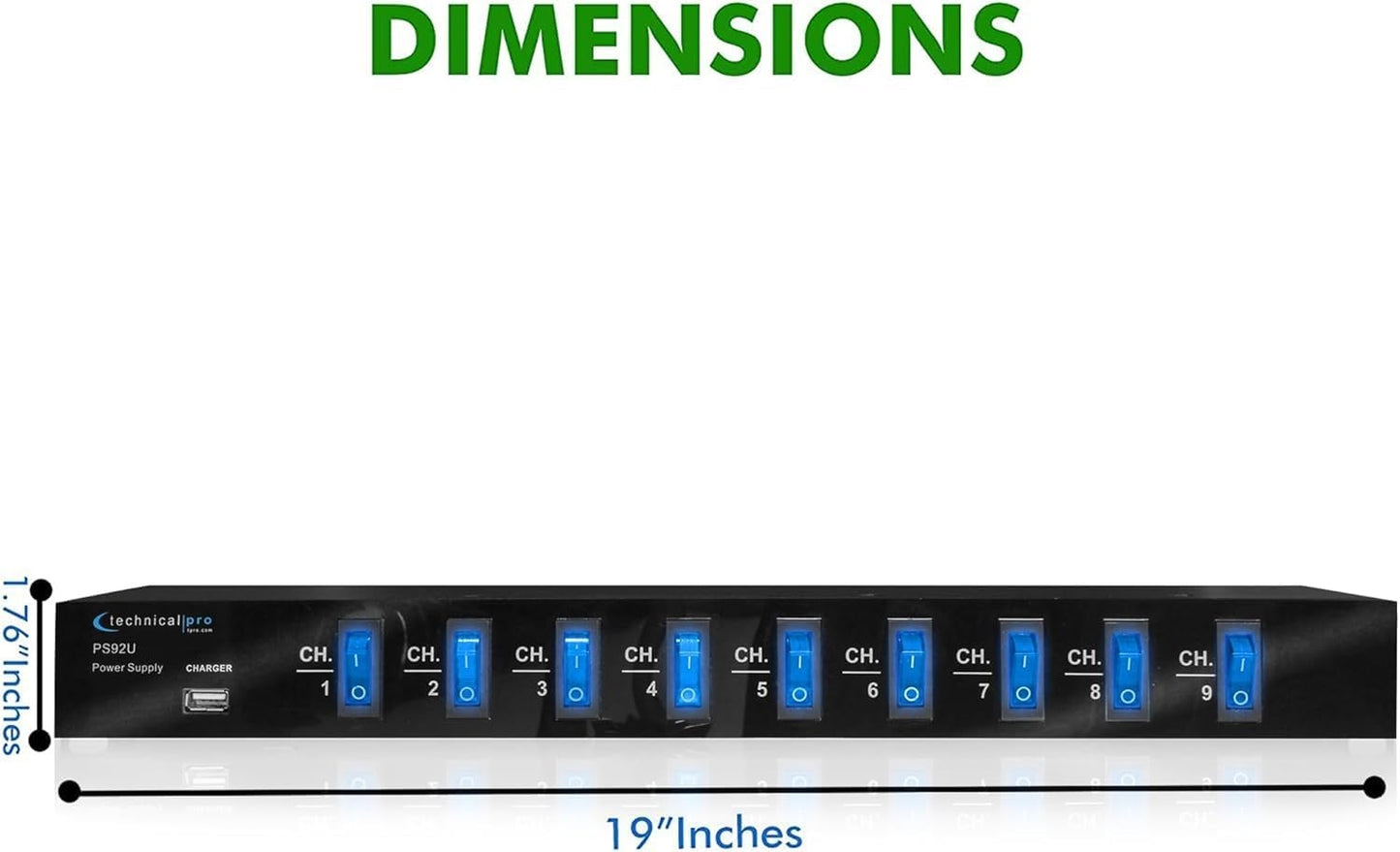 Technical Pro Power Supply Strip, 9 Power Outlet with Switches | 5V USB Charging Port, 1800 Watts, 4 Ft TPS9TU