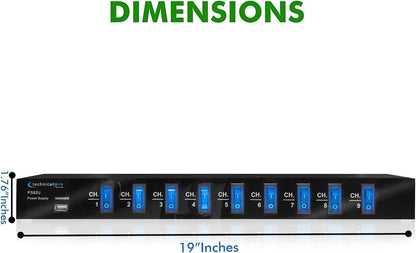 Technical Pro Power Supply Strip, 9 Power Outlet with Switches | 5V USB Charging Port, 1800 Watts, 4 Ft TPS9TU