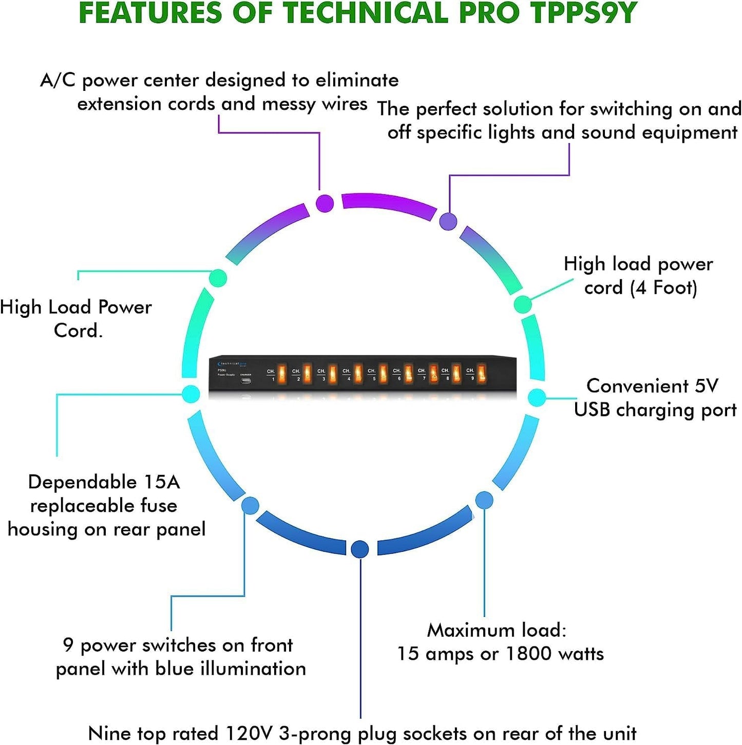 Technical Pro PS9Y Electric Power Supply w/ 9 Power switches, 1800 Watt Max Load | 5V USB Charging Port, (4 Foot)