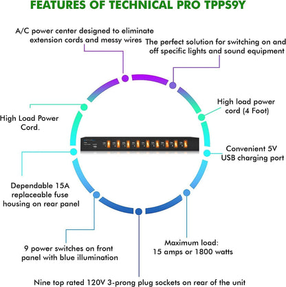 Technical Pro PS9Y Electric Power Supply w/ 9 Power switches, 1800 Watt Max Load | 5V USB Charging Port, (4 Foot)