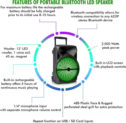 Technical Pro PB1402 12" Rechargeable Bluetooth LED Party Speaker, 2000W with USB, TF Card & Microphone Input