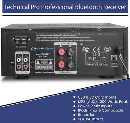 Technical Pro RXM7BT 1000W Home Receiver Bluetooth Amplifier Amp w/USB/SD/FM