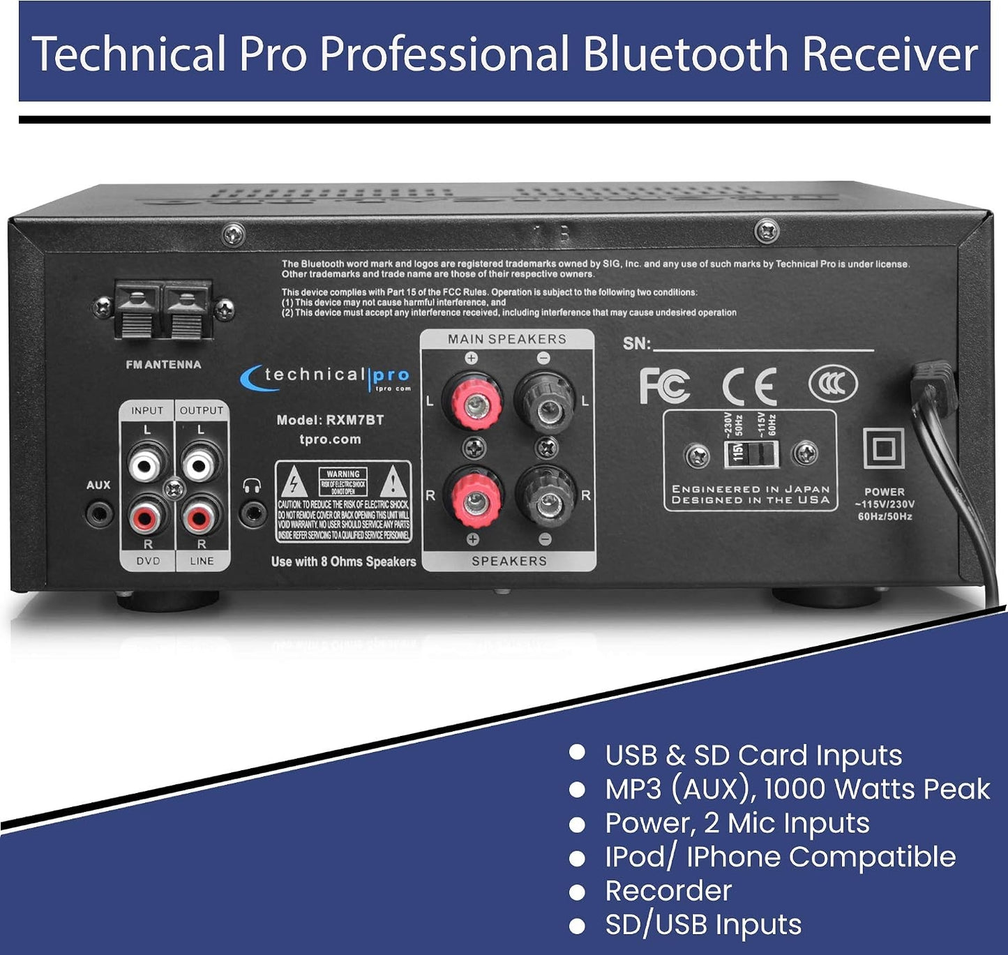 Technical Pro 1000W Home Receiver Bluetooth Amplifier Amp w/USB/SD/FM RXM7BT