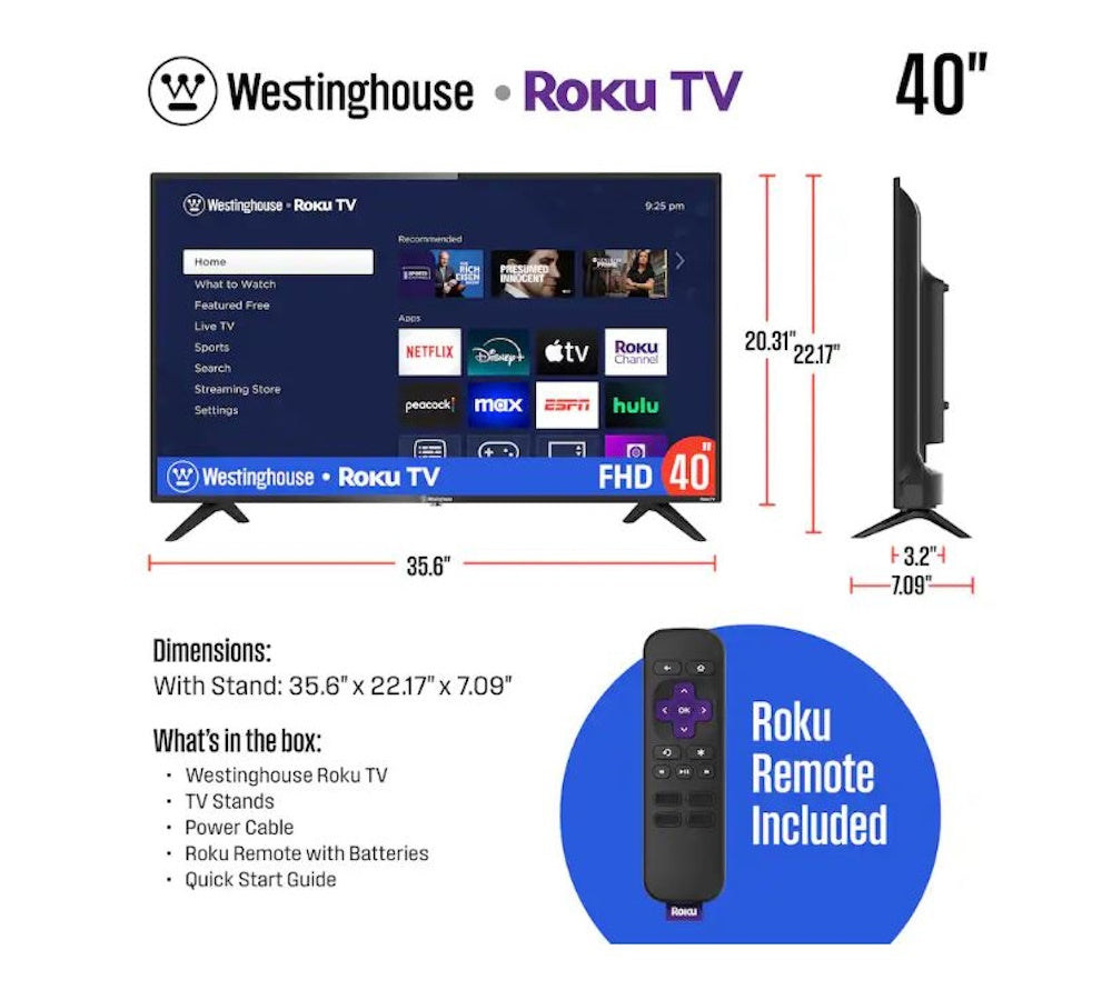 Westinghouse 40" Smart FHD ROKU TV, Wi-Fi, Bluetooth, Flat Screen, Works with Apple AirPlay WR40FE2520